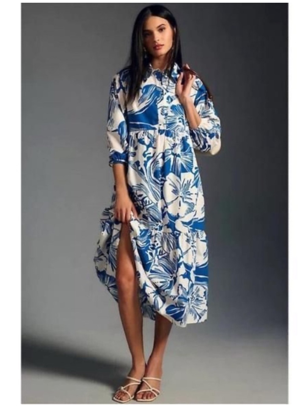 Anthropologie Maeve The Bettina Tiered Shirt Dress Blue Floral